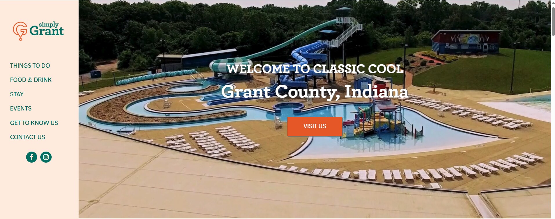 Show Me Grant County homepage with the Simply Grant logo and an aerial view of a water park under the headline Welcome to Classic Cool Grant County, Indiana